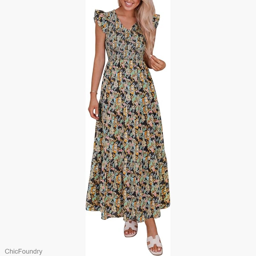 Women's Maxi Dress Smocked V-Neck Ruffle Sleeve Flowy Summer Beach